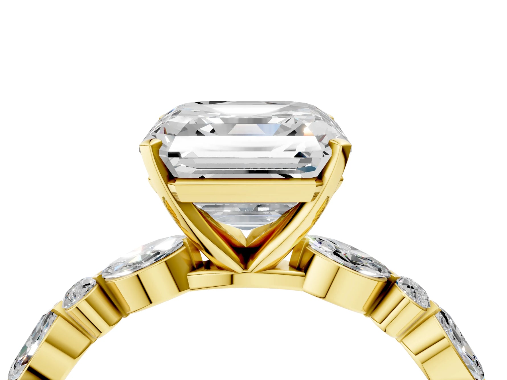 Asscher Cut Diamond Solitaire Ring in Yellow gold with Shared Prong Marquise and Round Side Stones_40