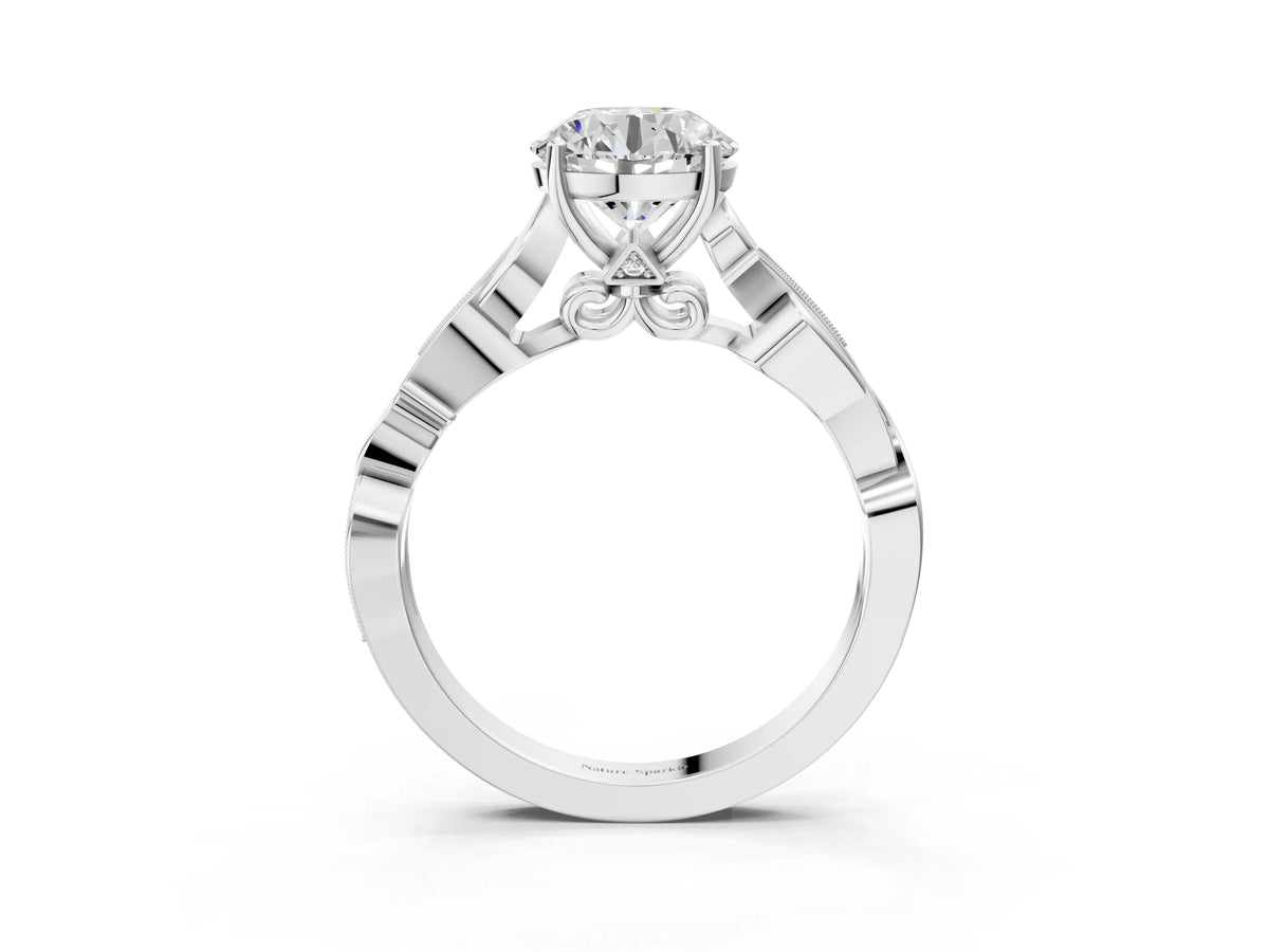 Asscher Cut Diamond Solitaire Vine Band Ring in Platinum with Milgrain Prong Setting_123