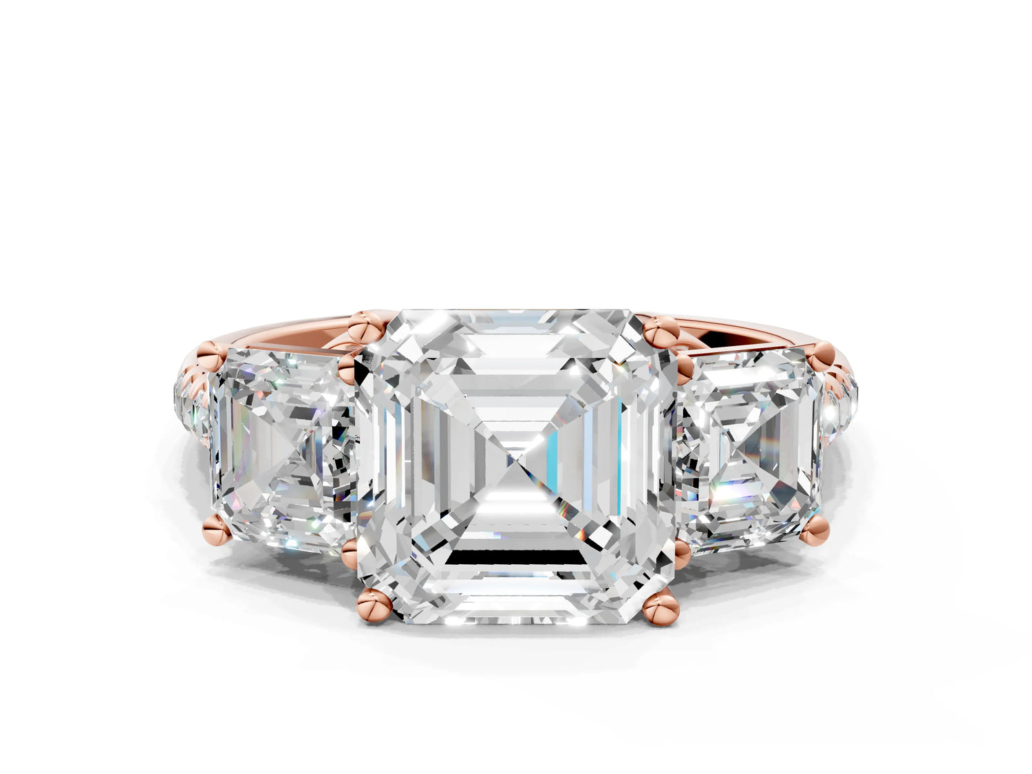 Asscher Cut Diamond Trellis Three-Stone Engagement Ring in Rose gold with Round Side Stones_18