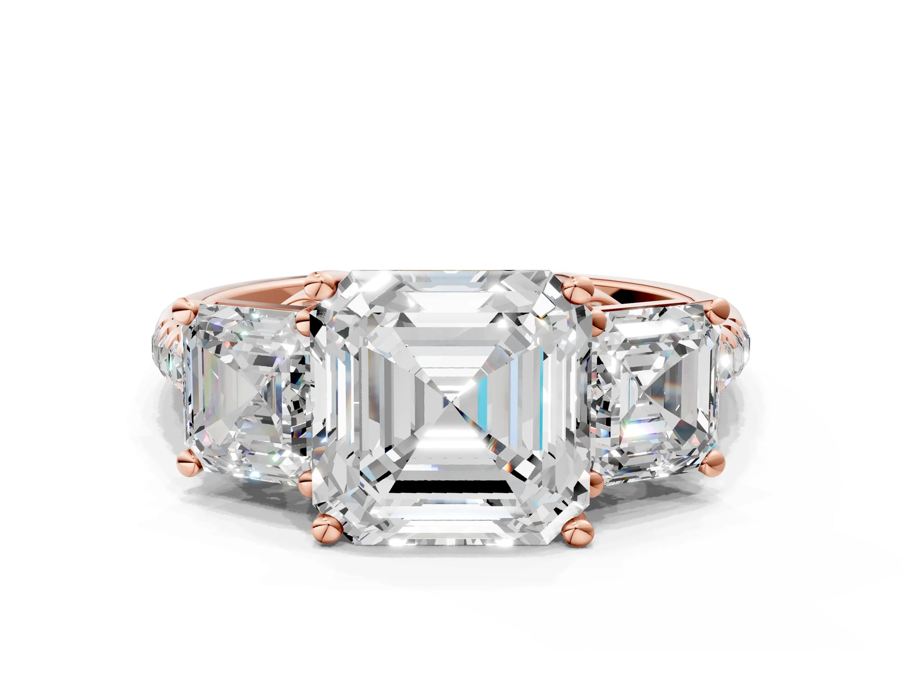 Asscher Cut Diamond Trellis Three-Stone Engagement Ring in Rose gold with Round Side Stones_18
