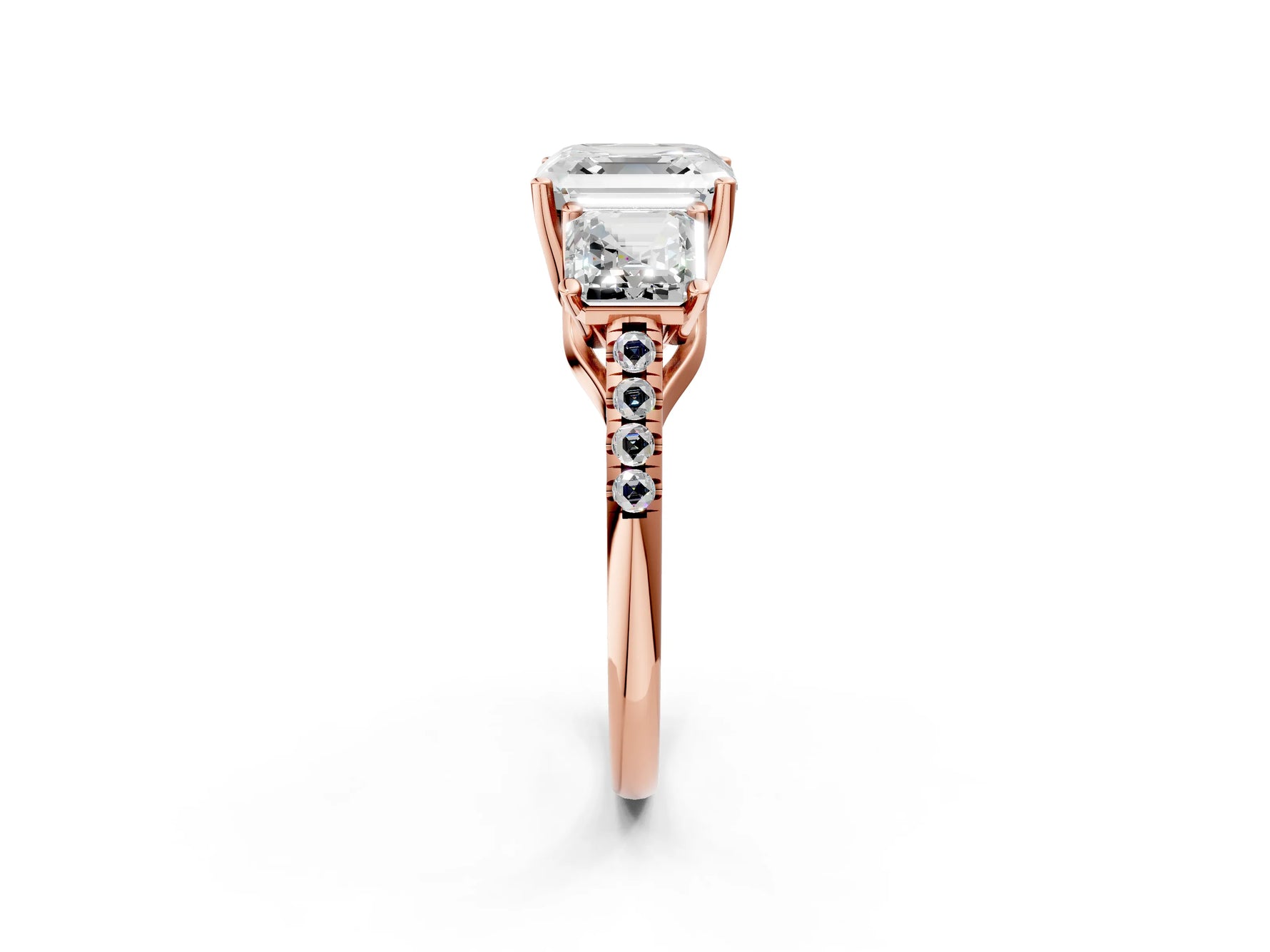 Asscher Cut Diamond Trellis Three-Stone Engagement Ring in Rose gold with Round Side Stones_20