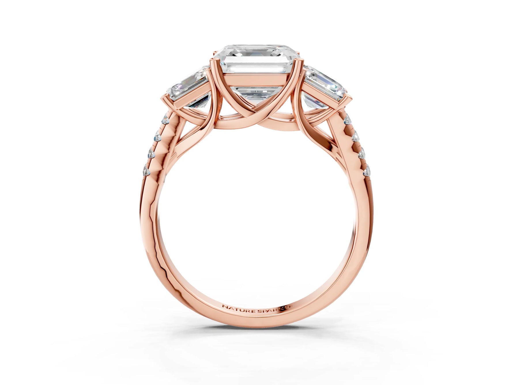 Asscher Cut Diamond Trellis Three-Stone Engagement Ring in Rose gold with Round Side Stones_21
