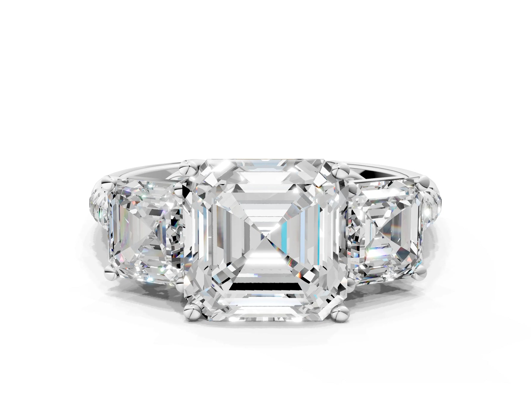 Asscher Cut Diamond Trellis Three-Stone Engagement Ring in White gold with Round Side Stones_18