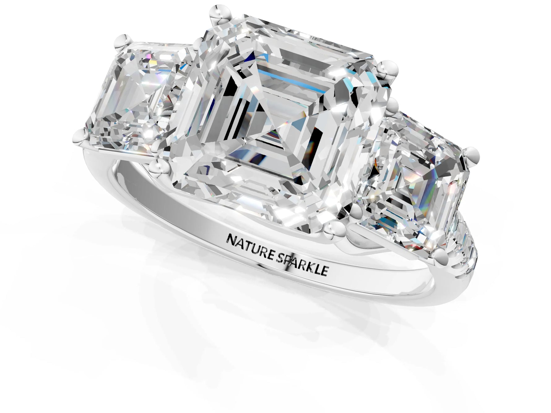 Asscher Cut Diamond Trellis Three-Stone Engagement Ring in White gold with Round Side Stones_19