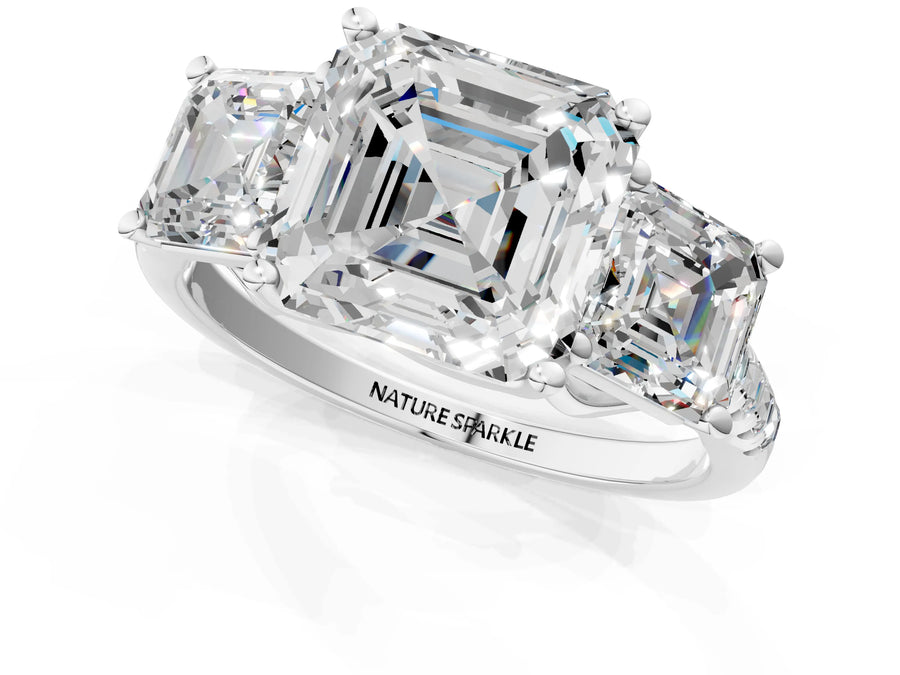 Asscher Cut Diamond Trellis Three-Stone Engagement Ring in Platinum with Round Side Stones