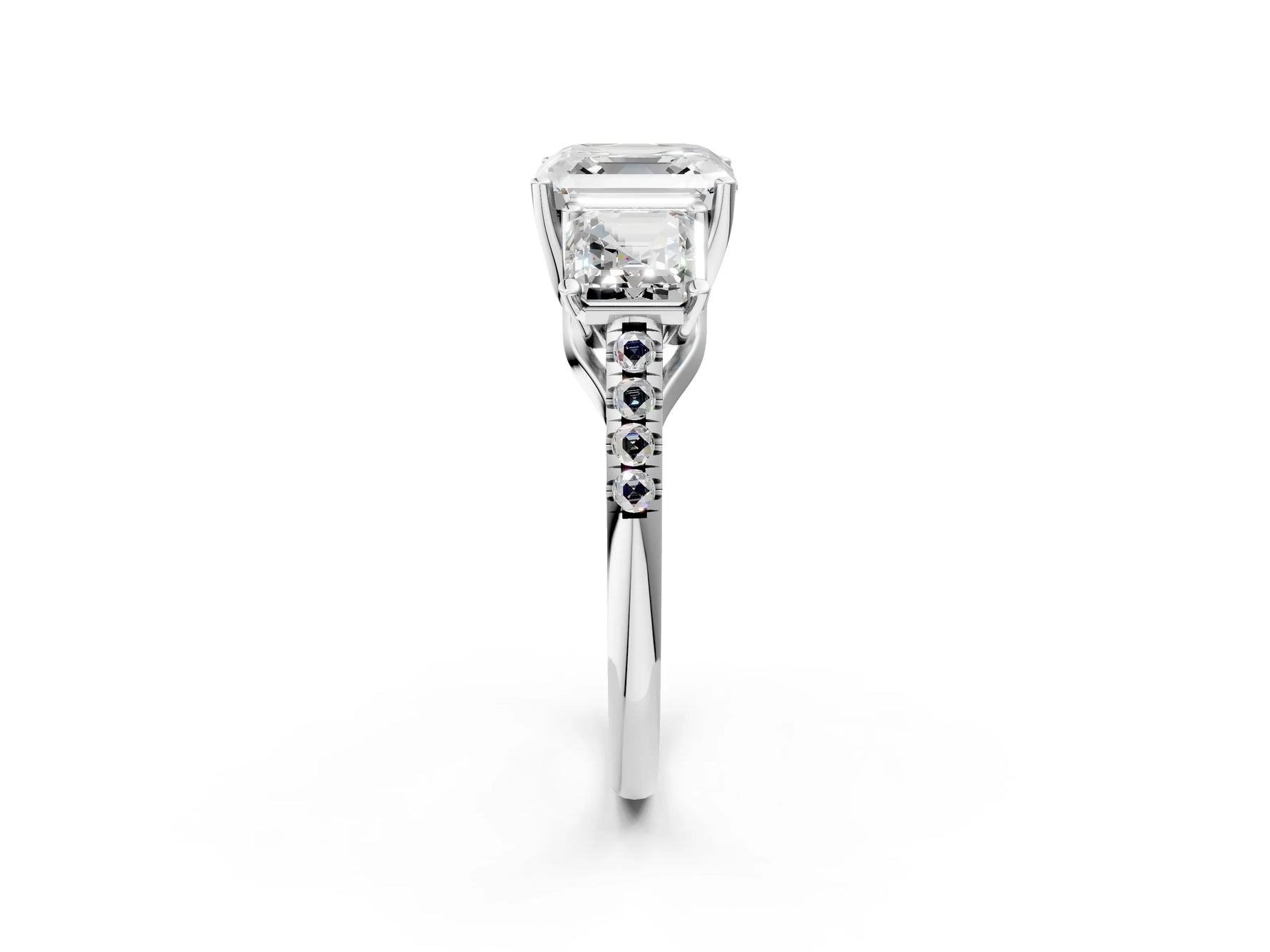 Asscher Cut Diamond Trellis Three-Stone Engagement Ring in White gold with Round Side Stones_20