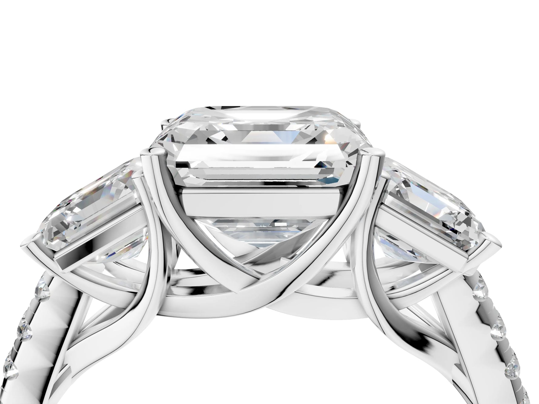 Asscher Cut Diamond Trellis Three-Stone Engagement Ring in White gold with Round Side Stones_22