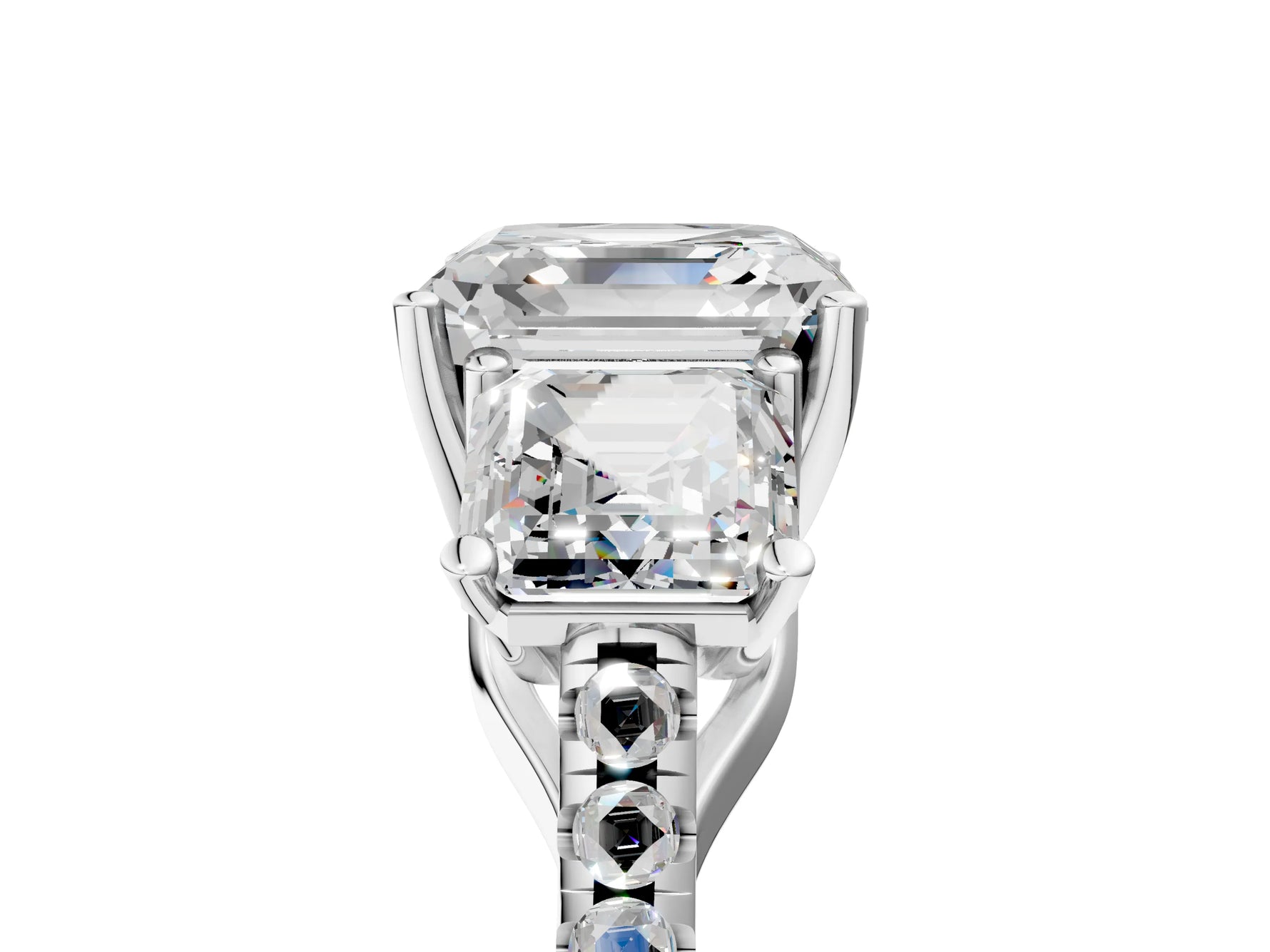 Asscher Cut Diamond Trellis Three-Stone Engagement Ring in White gold with Round Side Stones_23