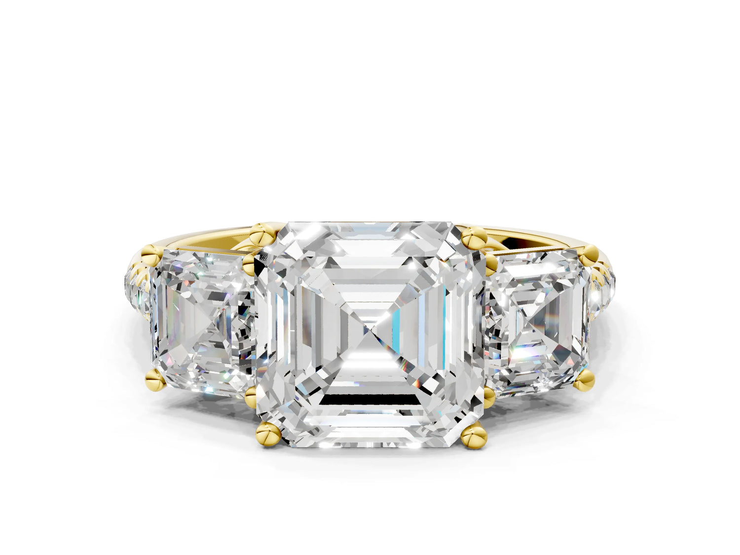 Asscher Cut Diamond Trellis Three-Stone Engagement Ring in Yellow gold with Round Side Stones_12