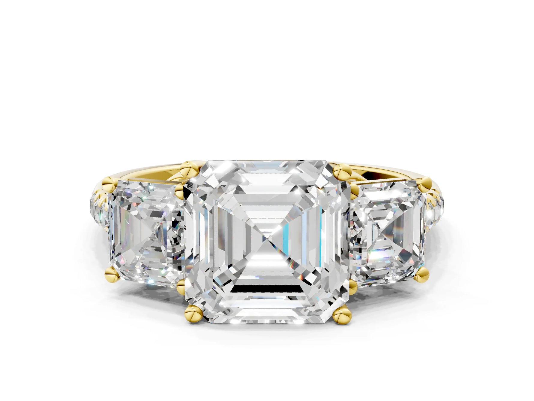Asscher Cut Diamond Trellis Three-Stone Engagement Ring in Yellow gold with Round Side Stones_12