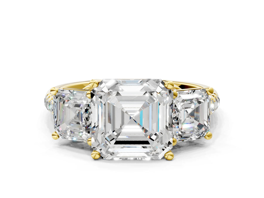 Asscher Cut Diamond Trellis Three-Stone Engagement Ring in Yellow gold with Round Side Stones