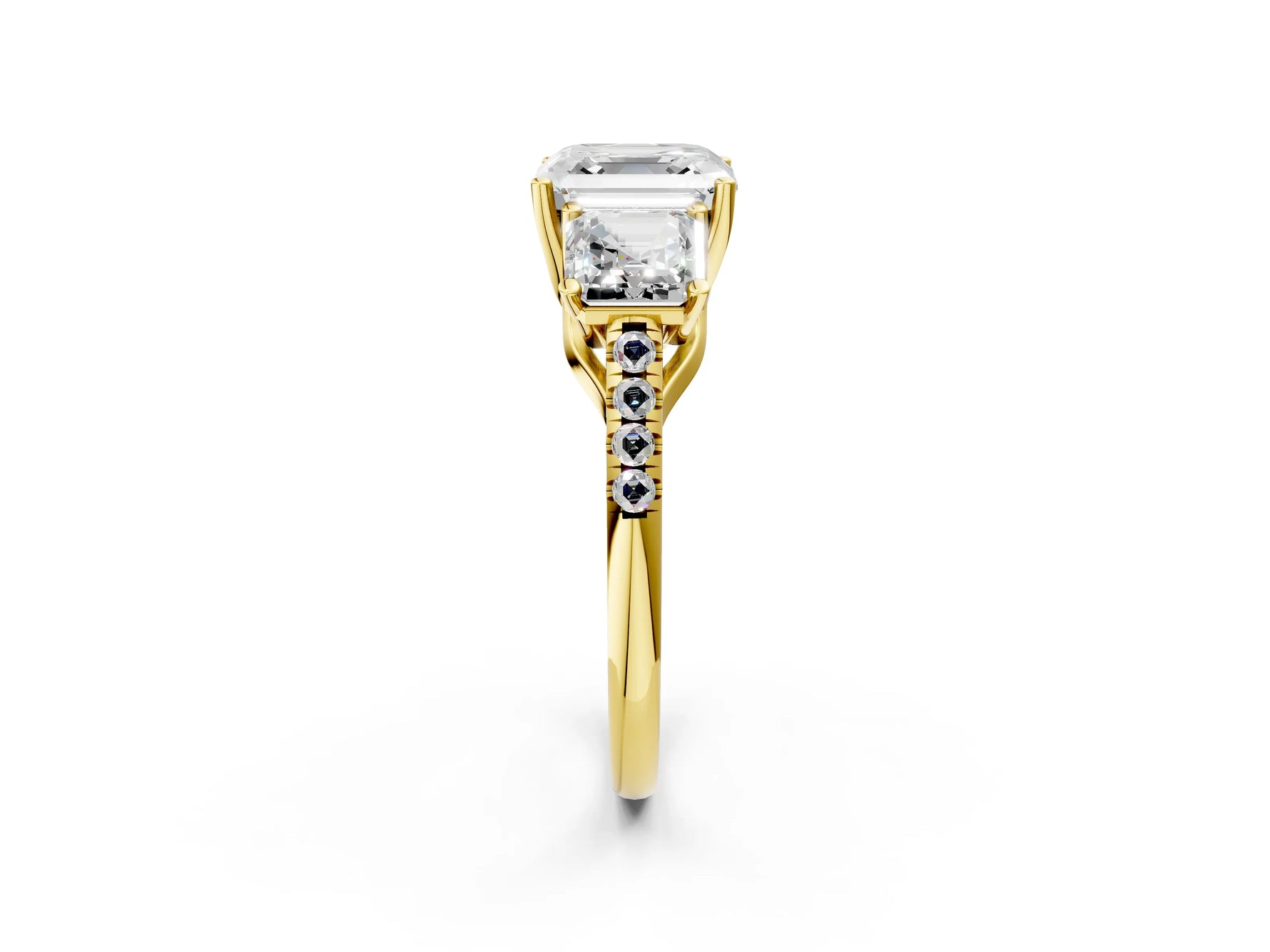 Asscher Cut Diamond Trellis Three-Stone Engagement Ring in Yellow gold with Round Side Stones_14