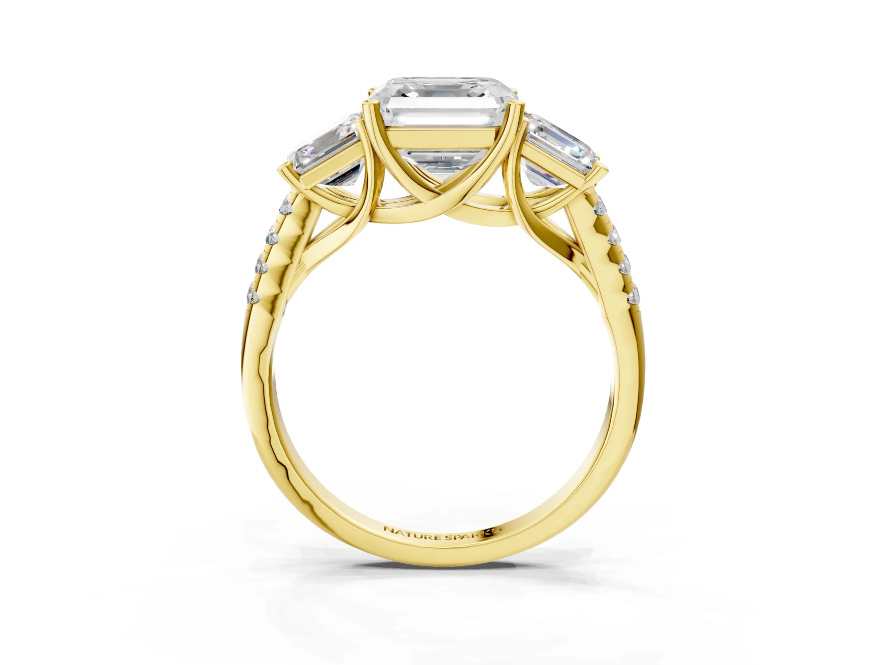 Asscher Cut Diamond Trellis Three-Stone Engagement Ring in Yellow gold with Round Side Stones_15