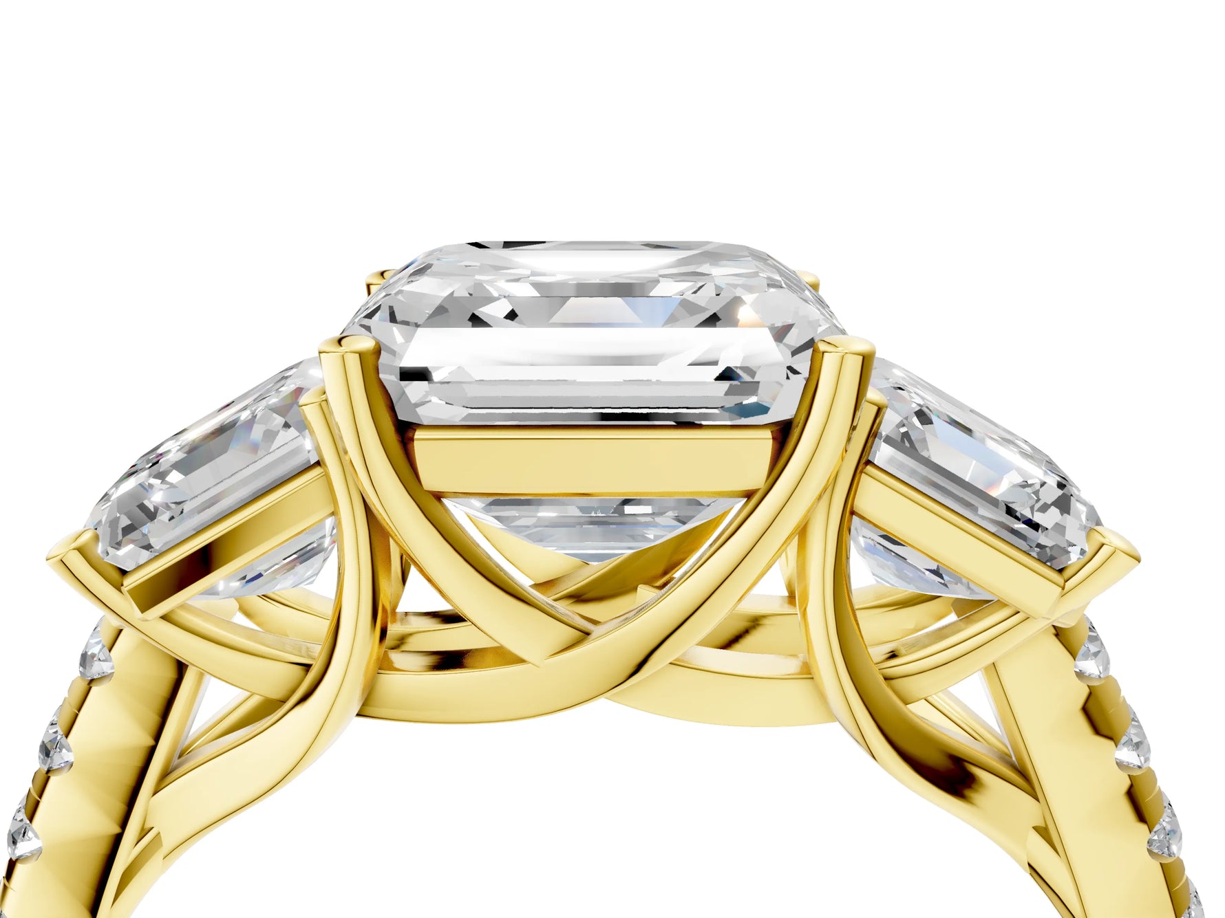Asscher Cut Diamond Trellis Three-Stone Engagement Ring in Yellow gold with Round Side Stones_16