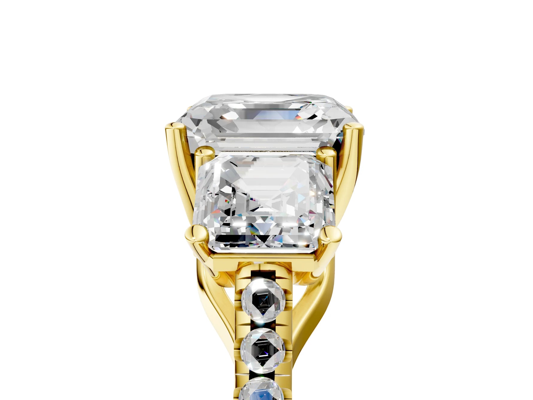 Asscher Cut Diamond Trellis Three-Stone Engagement Ring in Yellow gold with Round Side Stones_17