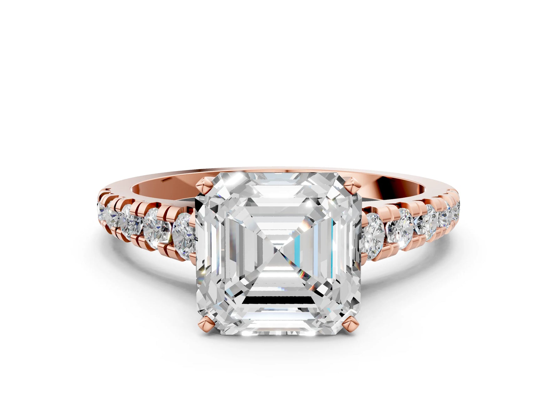 Asscher Cut Diamond Vintage Scroll Solitaire Ring in Rose gold with Graduated Round Side Stones_12