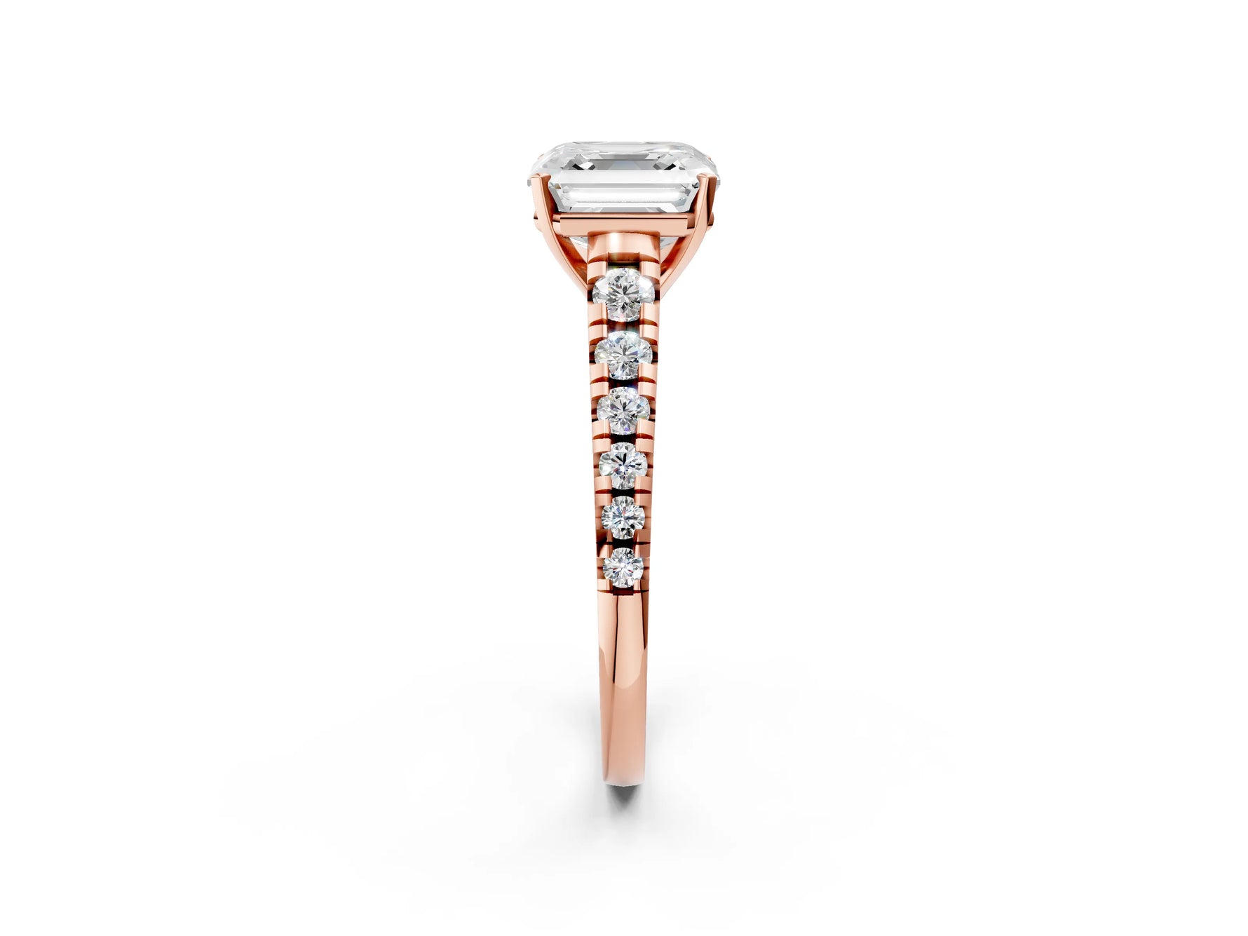 Asscher Cut Diamond Vintage Scroll Solitaire Ring in Rose gold with Graduated Round Side Stones_14