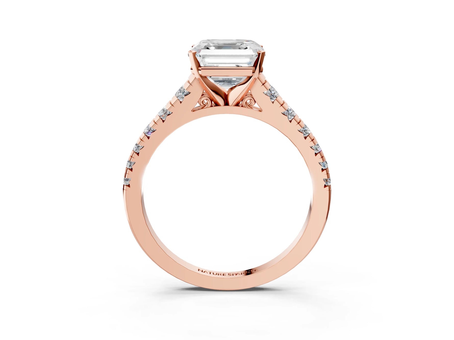 Asscher Cut Diamond Vintage Scroll Solitaire Ring in Rose gold with Graduated Round Side Stones_15