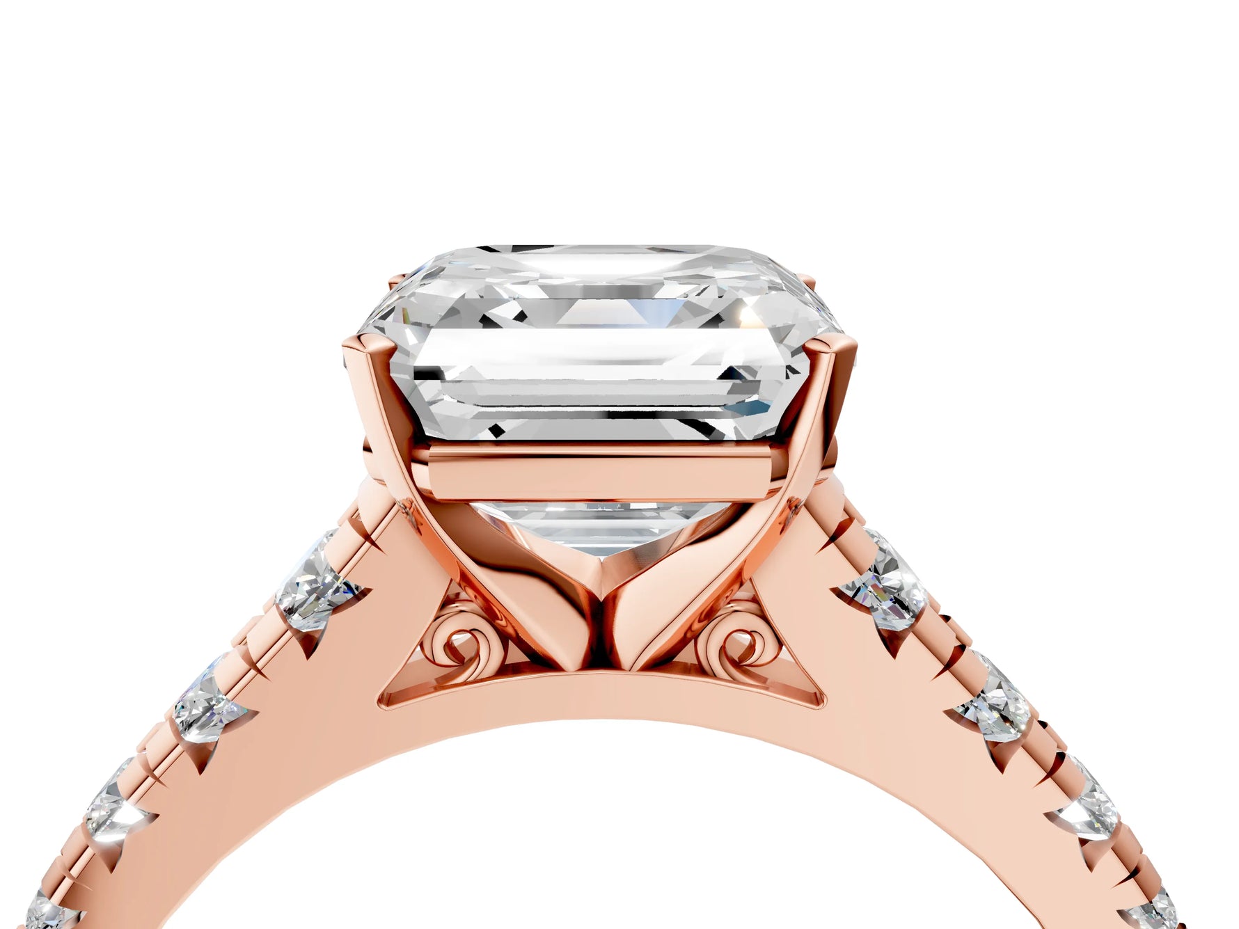 Asscher Cut Diamond Vintage Scroll Solitaire Ring in Rose gold with Graduated Round Side Stones_16