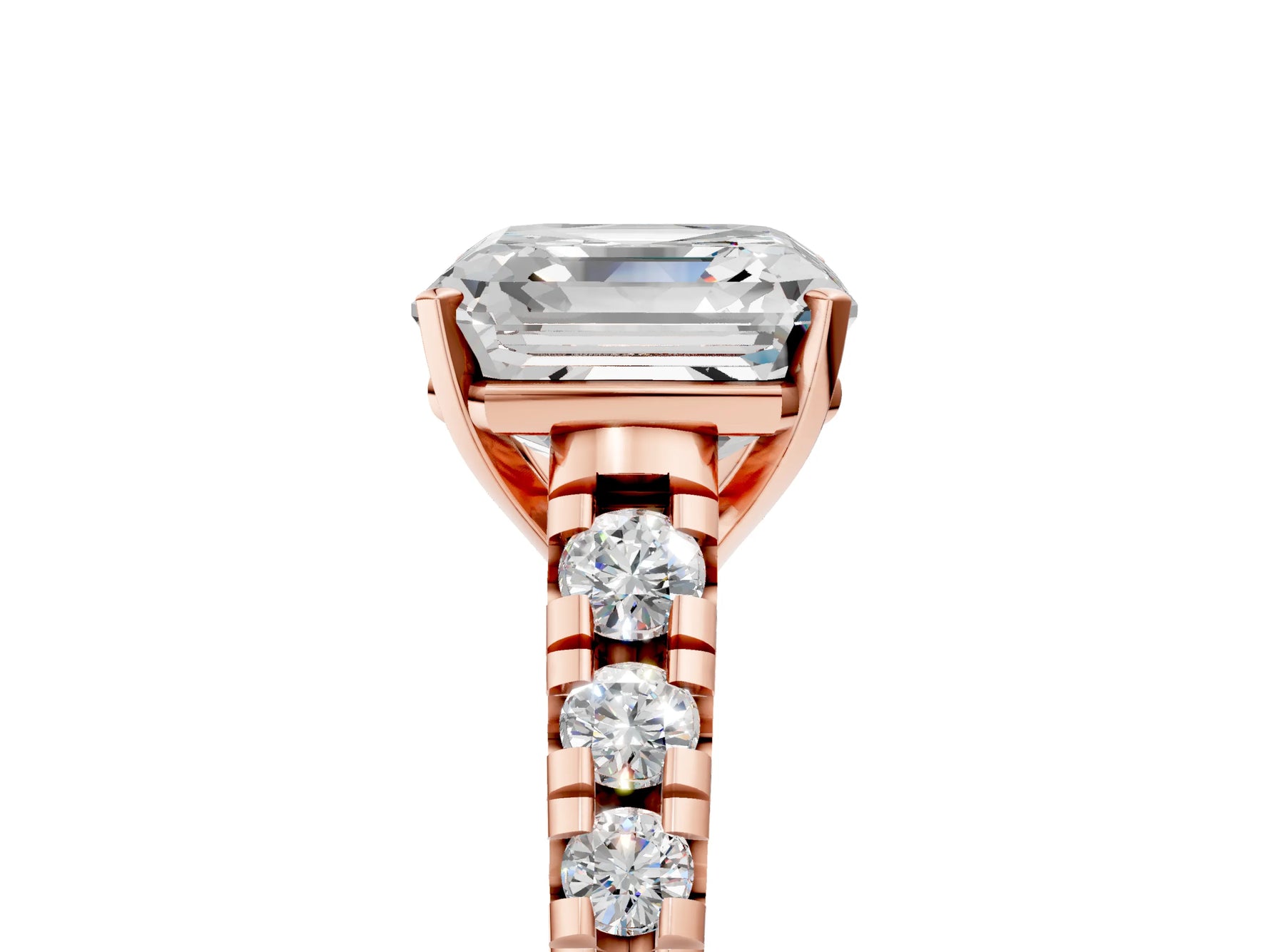 Asscher Cut Diamond Vintage Scroll Solitaire Ring in Rose gold with Graduated Round Side Stones_17