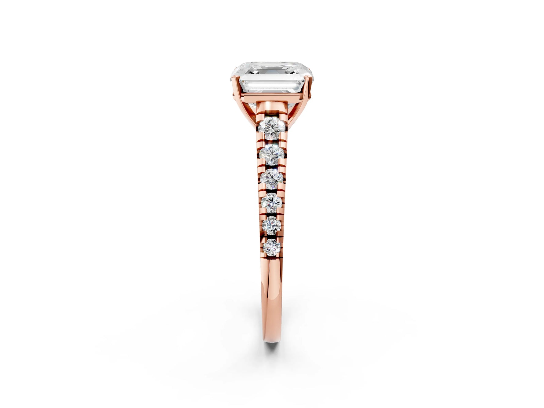 Asscher Cut Diamond Vintage Scroll Solitaire Ring in Rose gold with Graduated Round Side Stones_26