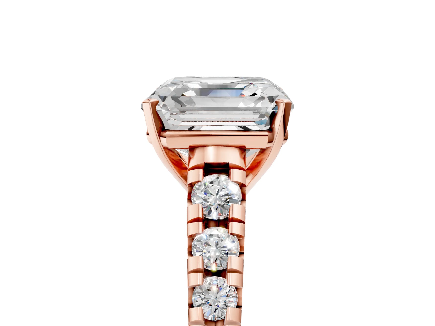 Asscher Cut Diamond Vintage Scroll Solitaire Ring in Rose gold with Graduated Round Side Stones_29