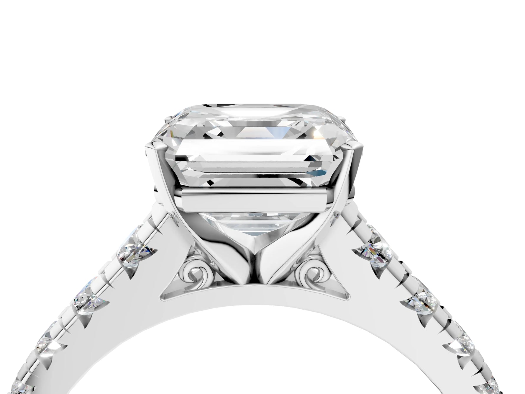 Asscher Cut Diamond Vintage Scroll Solitaire Ring in White gold with Graduated Round Side Stones_10