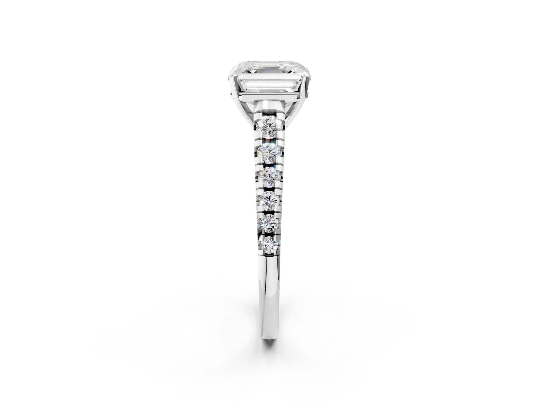 Asscher Cut Diamond Vintage Scroll Solitaire Ring in White gold with Graduated Round Side Stones_20