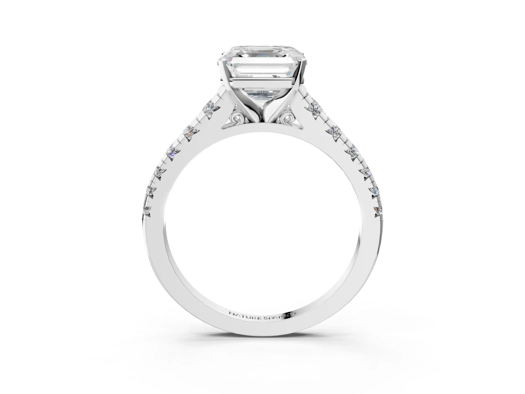 Asscher Cut Diamond Vintage Scroll Solitaire Ring in White gold with Graduated Round Side Stones_21