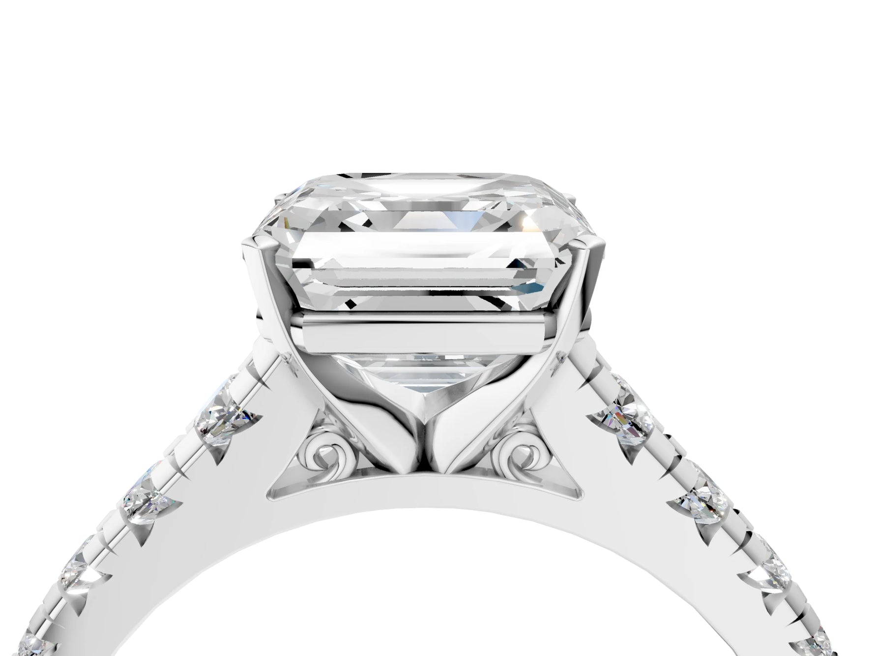Asscher Cut Diamond Vintage Scroll Solitaire Ring in White gold with Graduated Round Side Stones_22