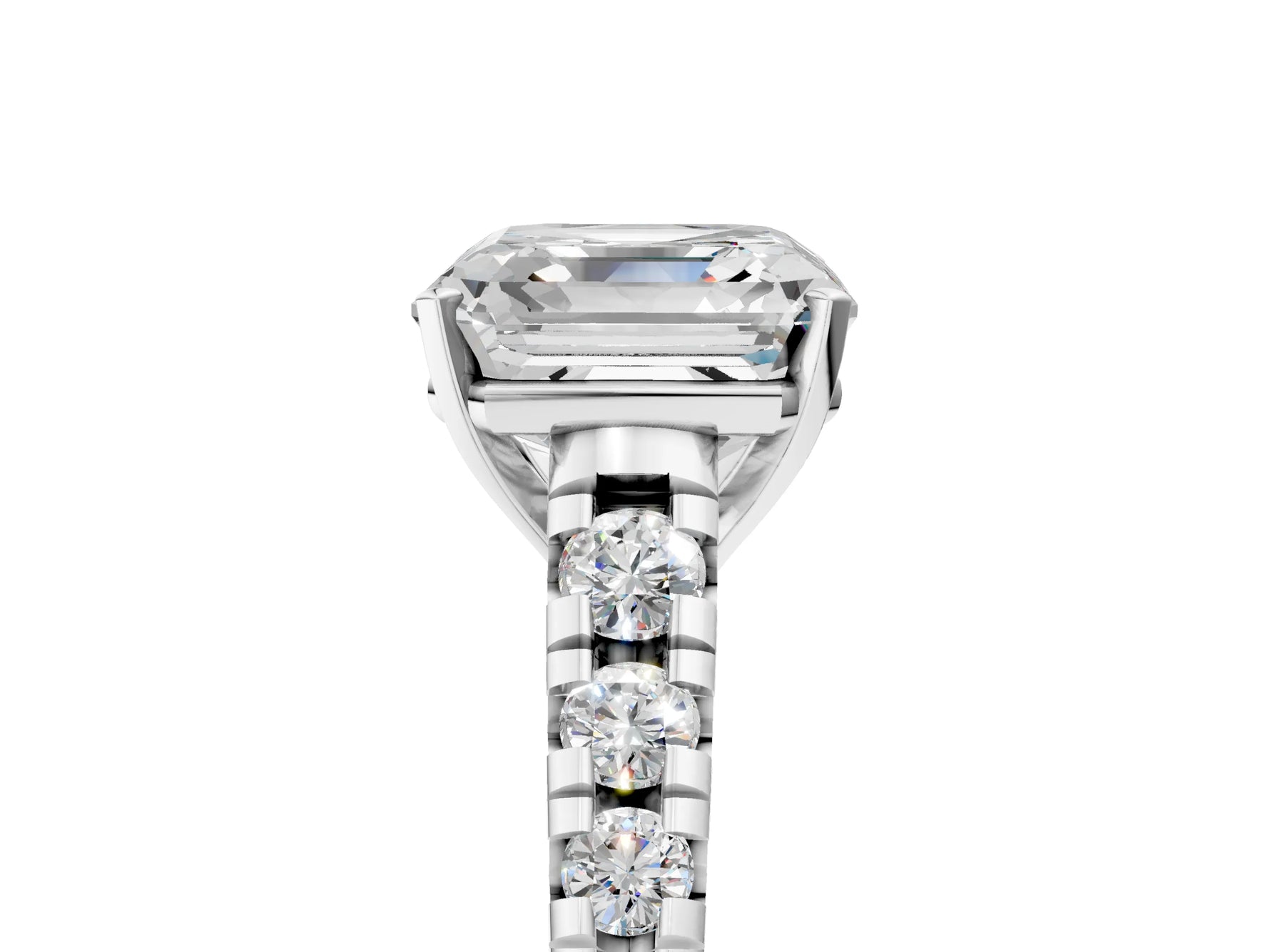 Asscher Cut Diamond Vintage Scroll Solitaire Ring in White gold with Graduated Round Side Stones_23