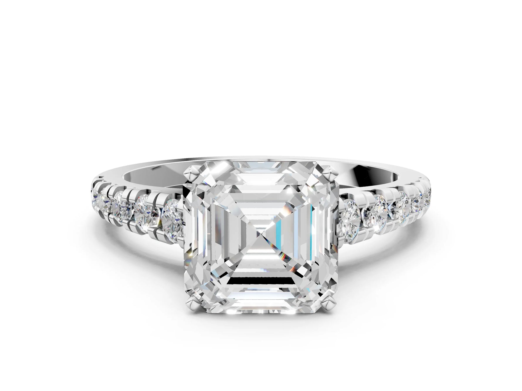 Asscher Cut Diamond Vintage Scroll Solitaire Ring in White gold with Graduated Round Side Stones_6