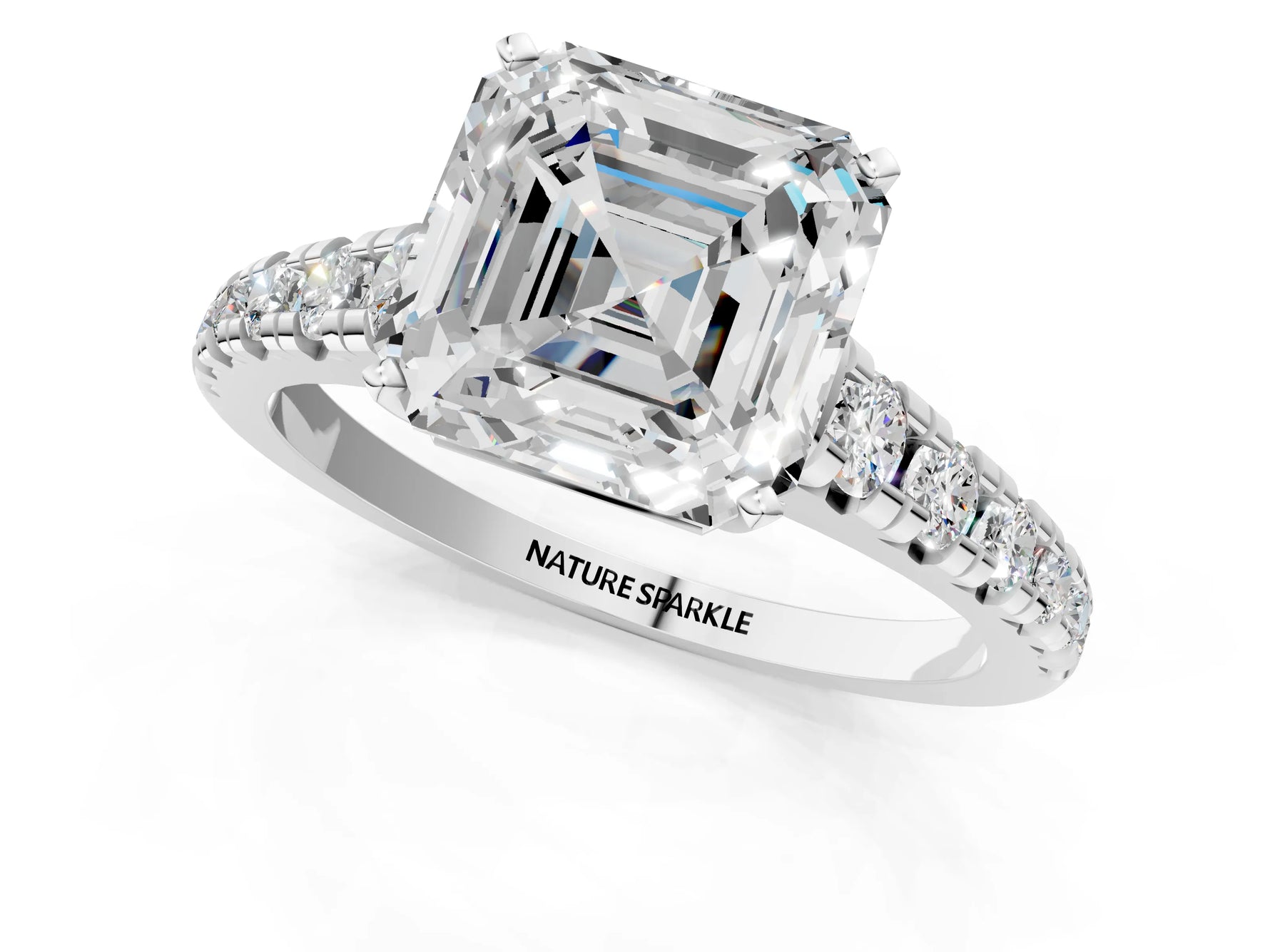 Asscher Cut Diamond Vintage Scroll Solitaire Ring in White gold with Graduated Round Side Stones_7