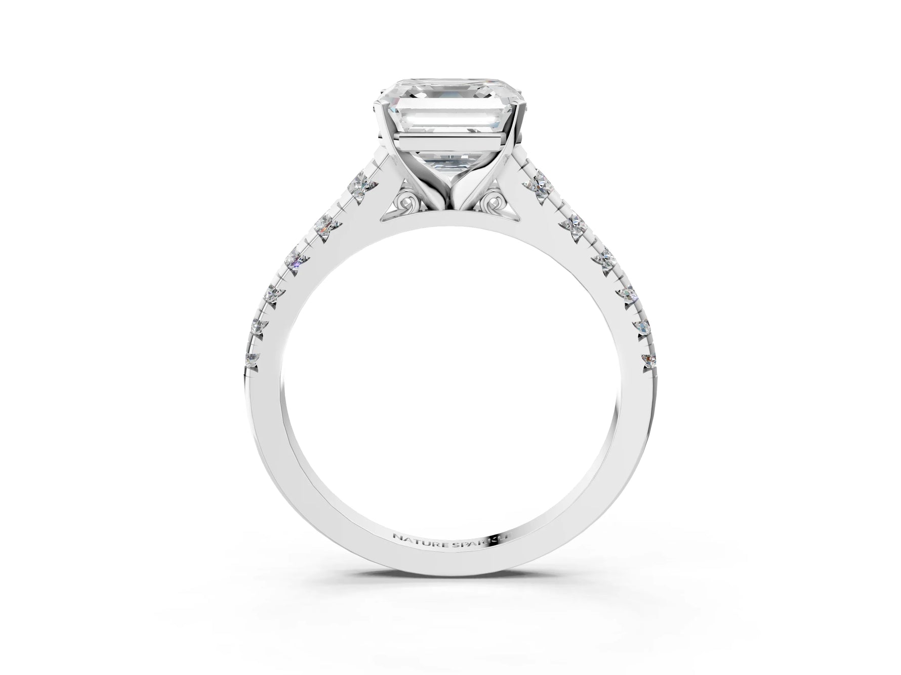 Asscher Cut Diamond Vintage Scroll Solitaire Ring in White gold with Graduated Round Side Stones_9