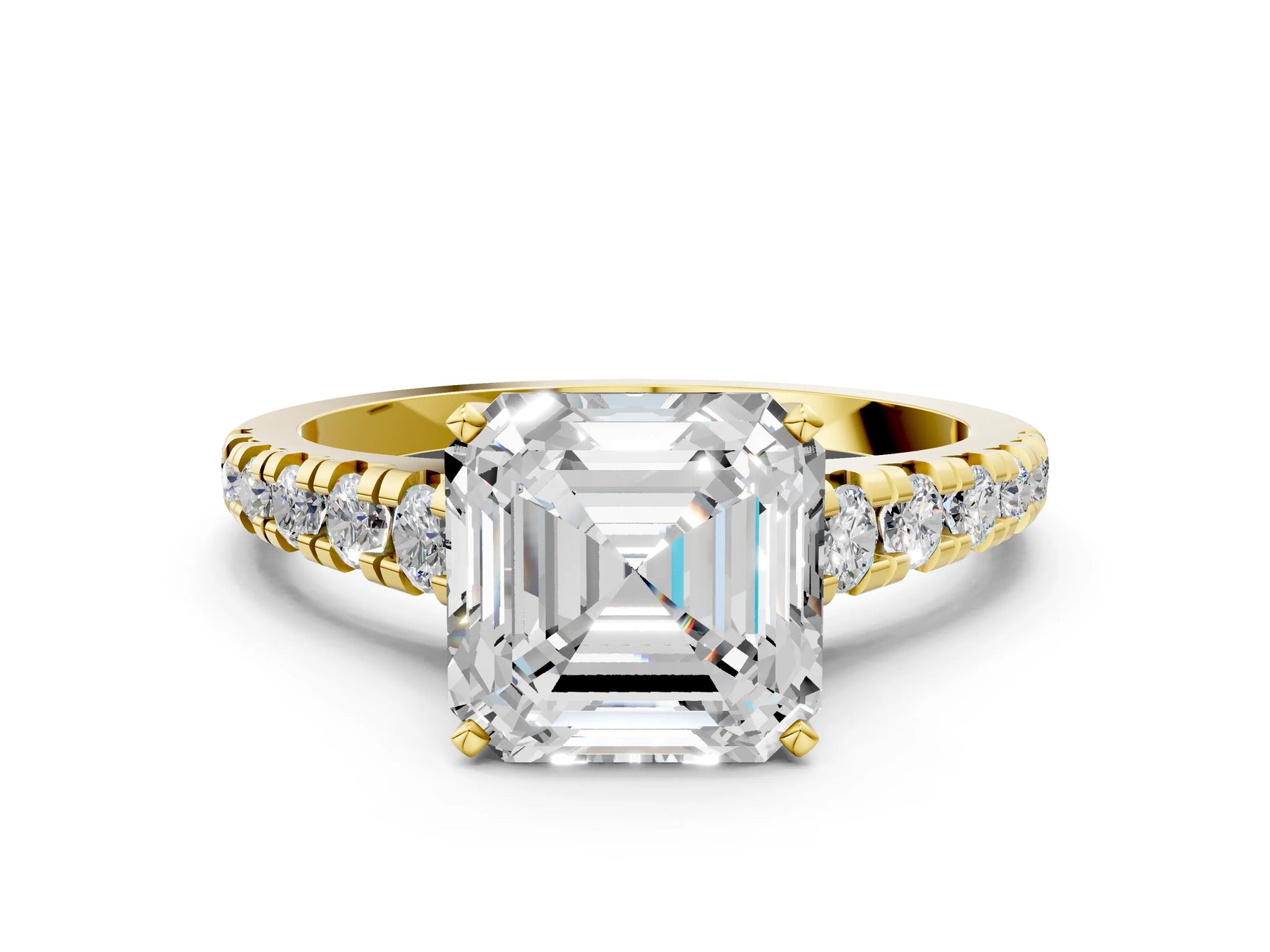 Asscher Cut Diamond Vintage Scroll Solitaire Ring in Yellow gold with Graduated Round Side Stones_12