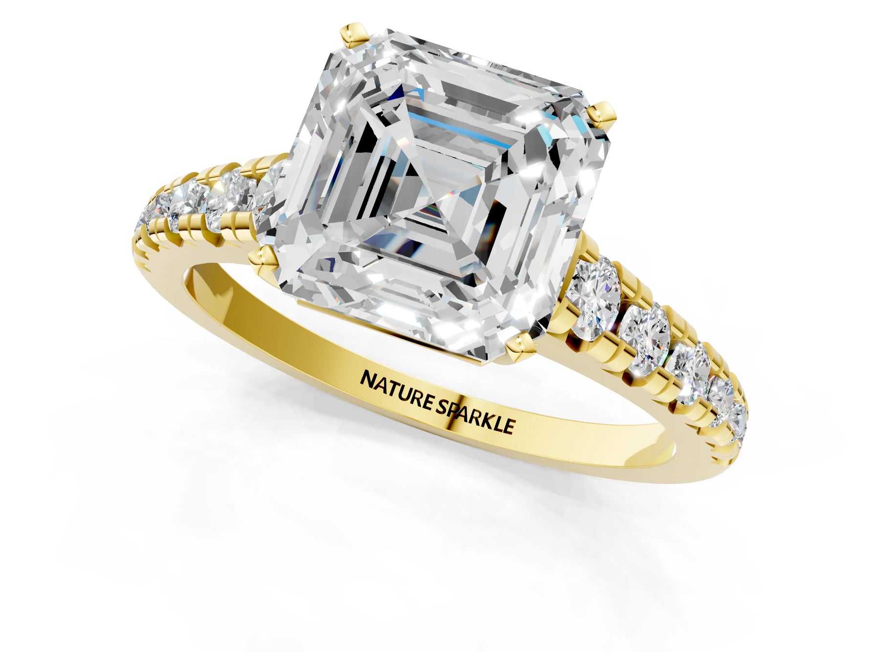 Asscher Cut Diamond Vintage Scroll Solitaire Ring in Yellow gold with Graduated Round Side Stones_13