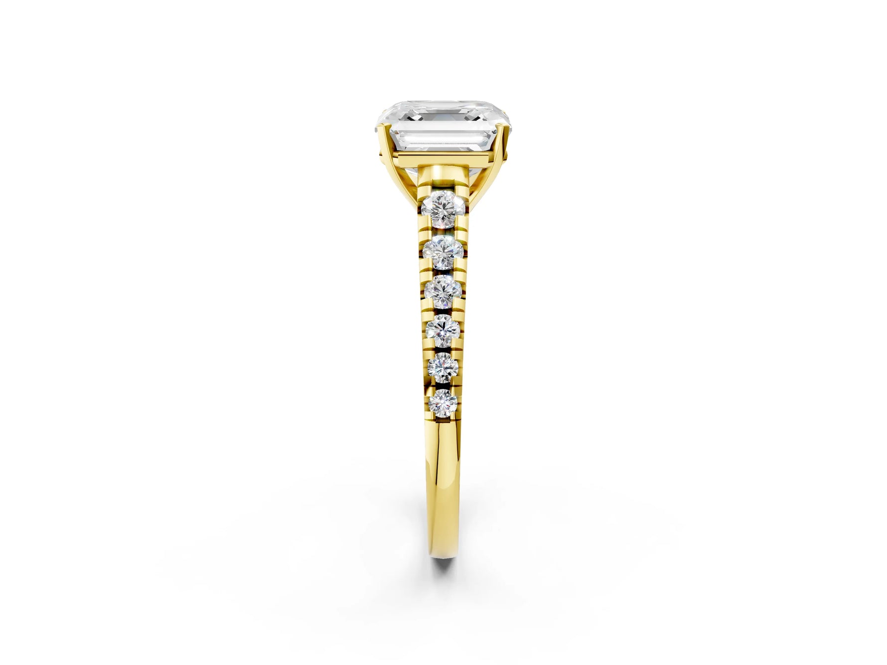 Asscher Cut Diamond Vintage Scroll Solitaire Ring in Yellow gold with Graduated Round Side Stones_14