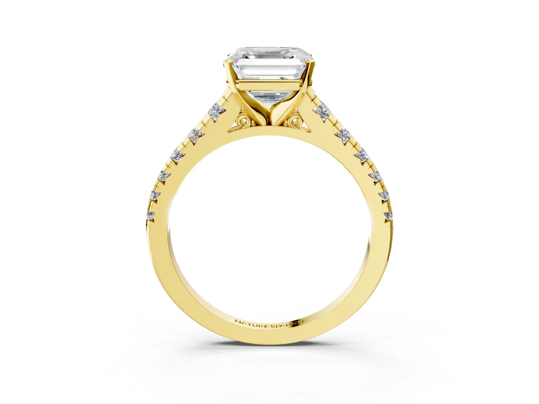 Asscher Cut Diamond Vintage Scroll Solitaire Ring in Yellow gold with Graduated Round Side Stones_15