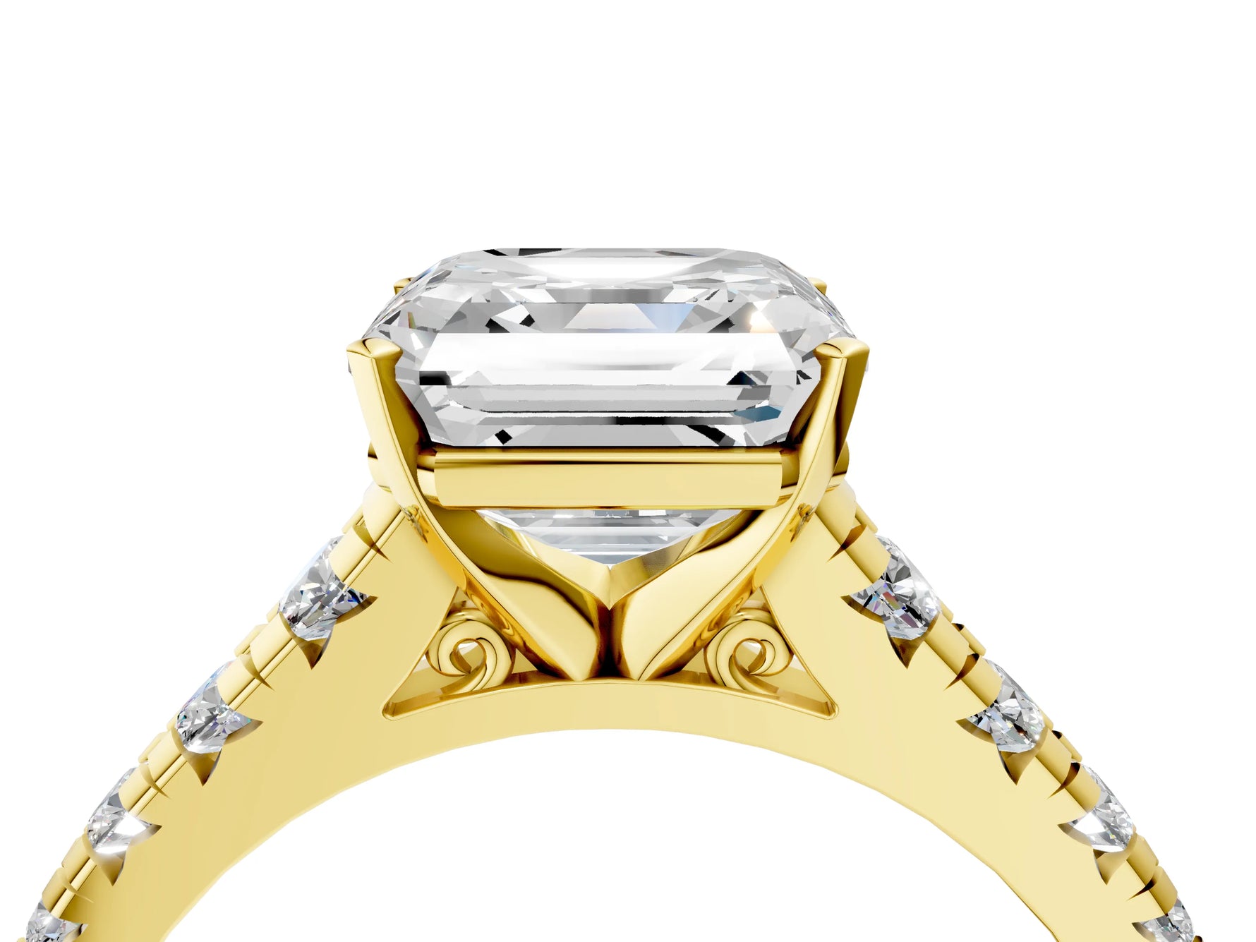 Asscher Cut Diamond Vintage Scroll Solitaire Ring in Yellow gold with Graduated Round Side Stones_16