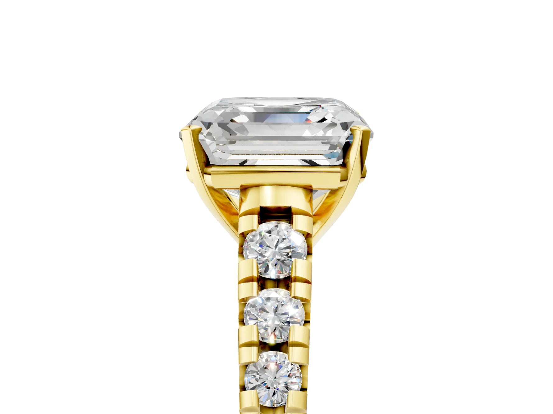 Asscher Cut Diamond Vintage Scroll Solitaire Ring in Yellow gold with Graduated Round Side Stones_17