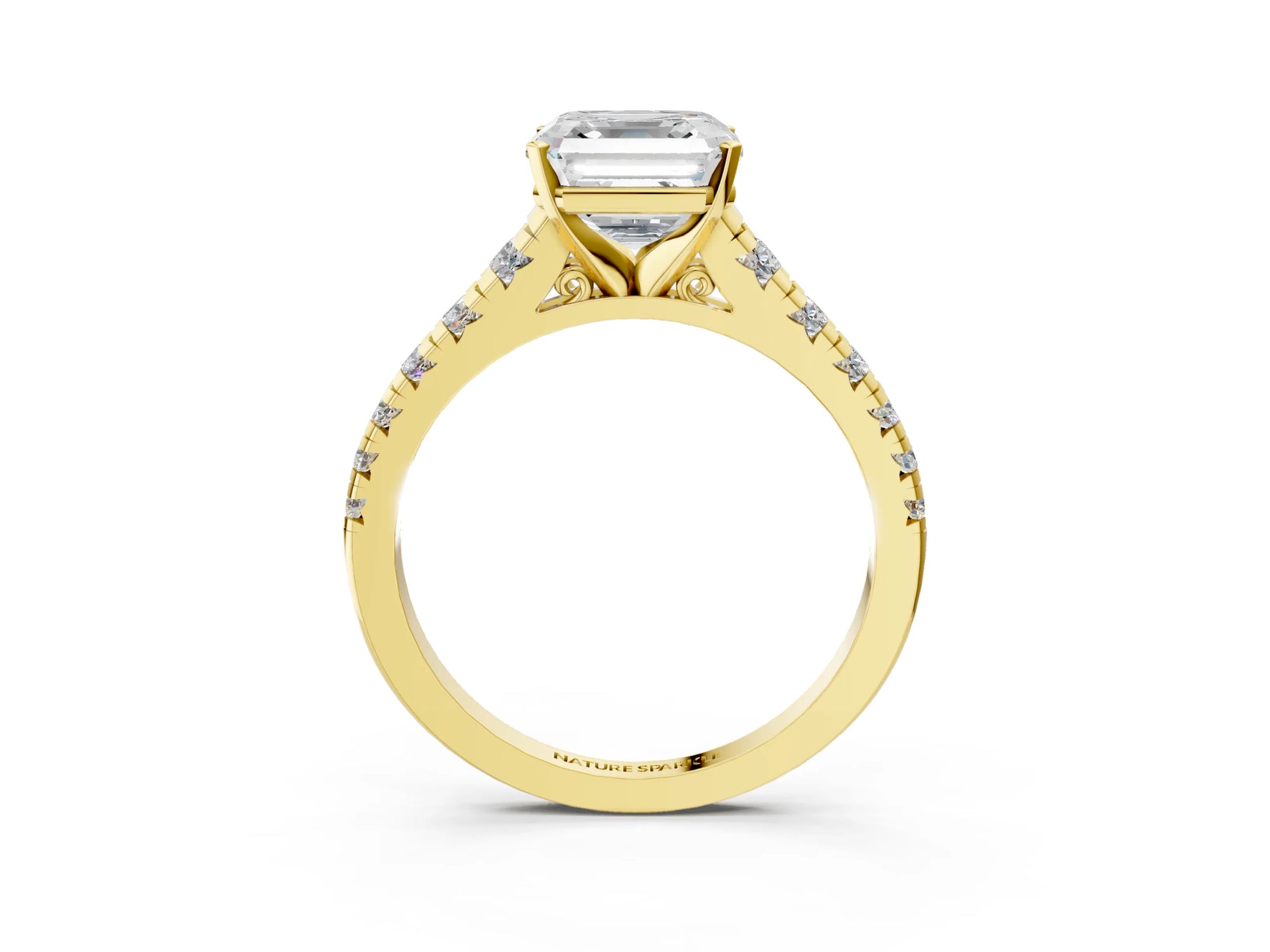 Asscher Cut Diamond Vintage Scroll Solitaire Ring in Yellow gold with Graduated Round Side Stones_27