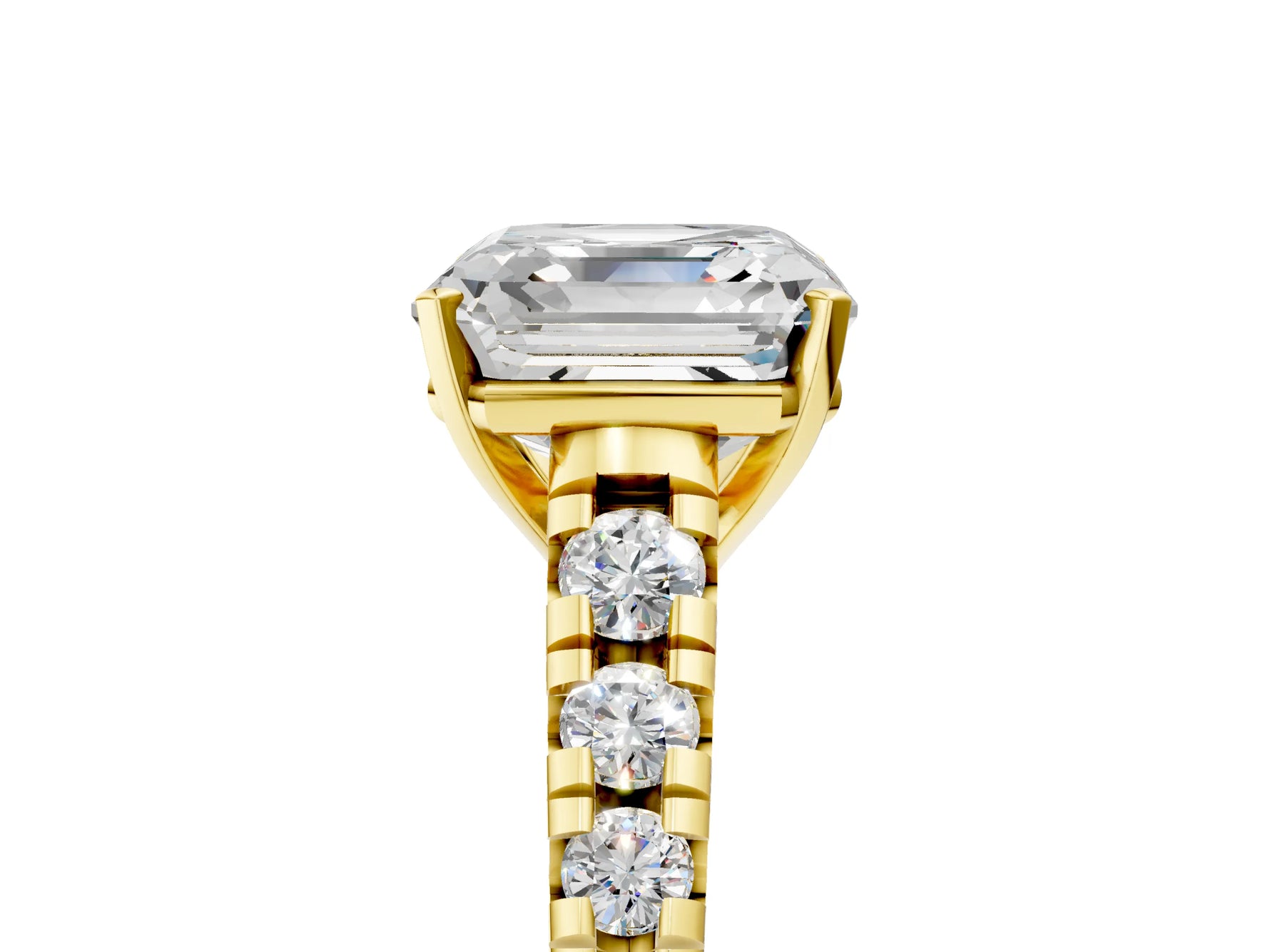 Asscher Cut Diamond Vintage Scroll Solitaire Ring in Yellow gold with Graduated Round Side Stones_29