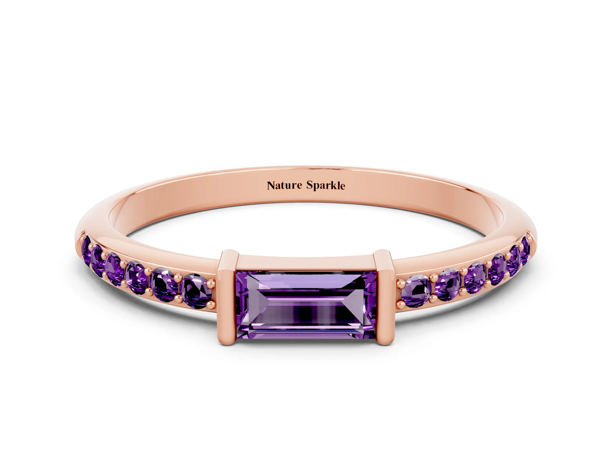 Baguette Amethyst Pavé Band in Rose gold with Bar Setting