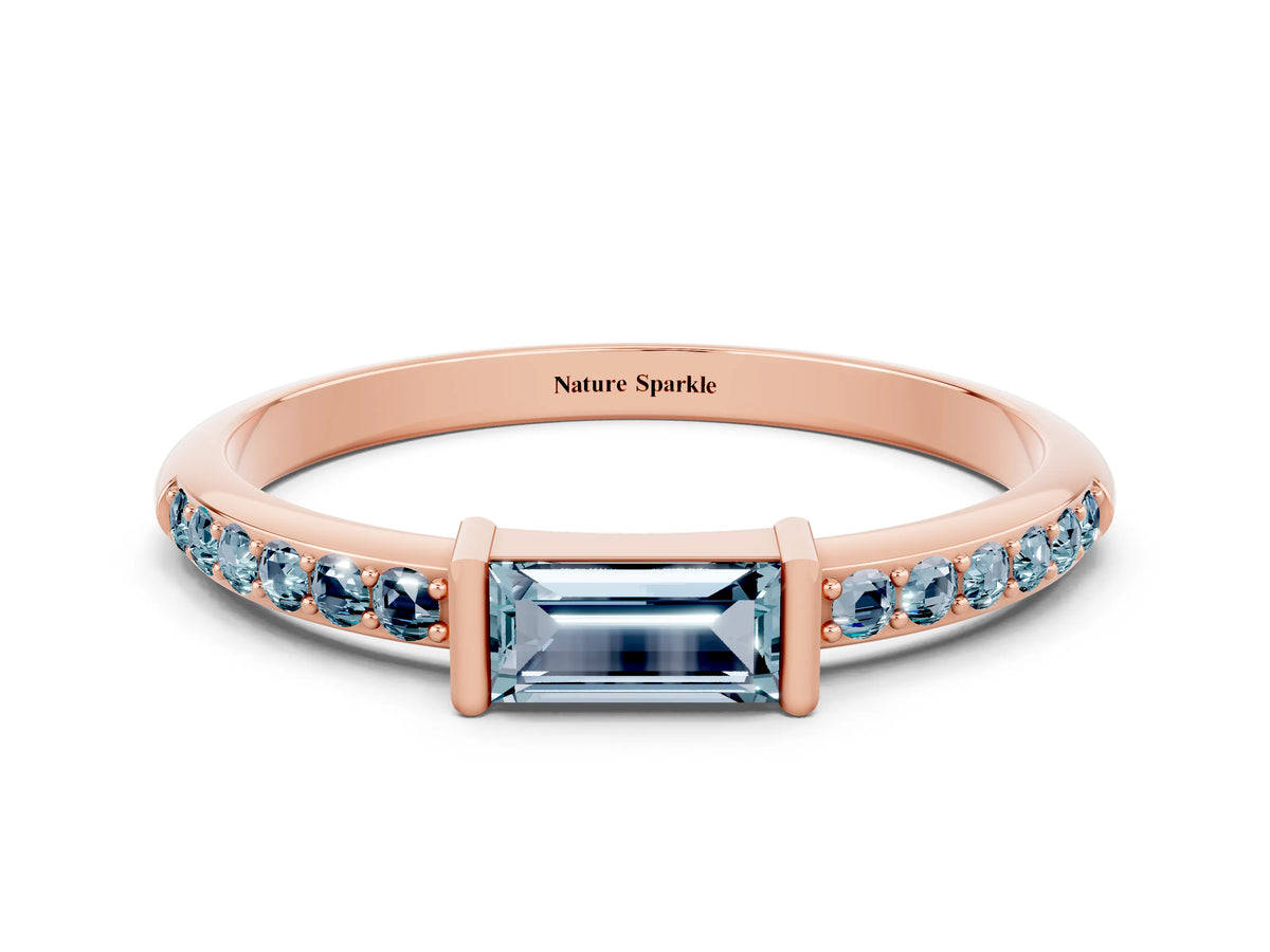Baguette Aquamarine Pavé Band in Rose gold with Bar Setting