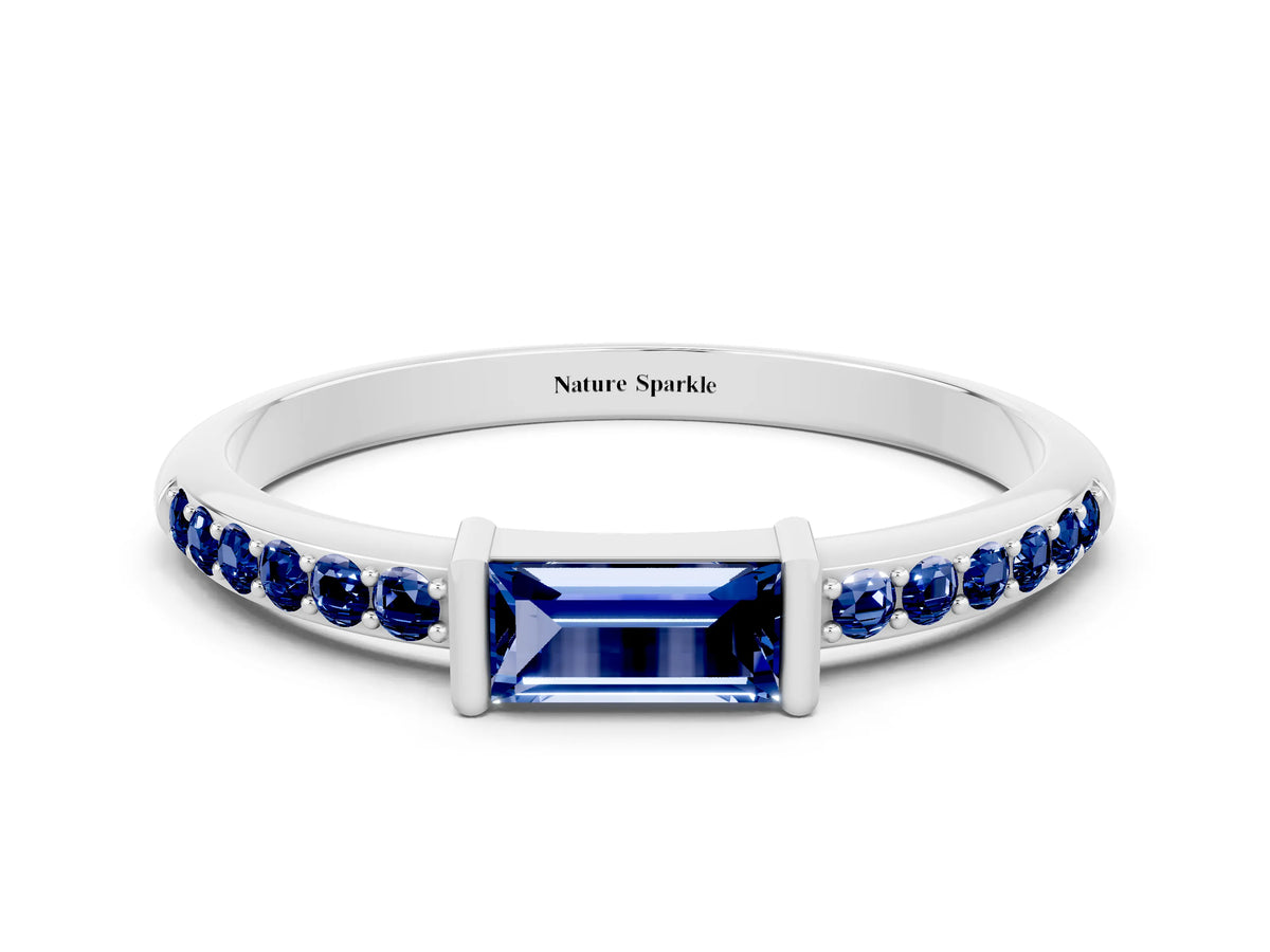 Baguette Blue Sapphire Pavé Band in Platinum with Bar Setting