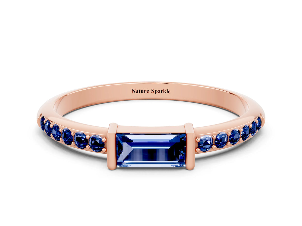 Baguette Blue Sapphire Pavé Band in Rose gold with Bar Setting