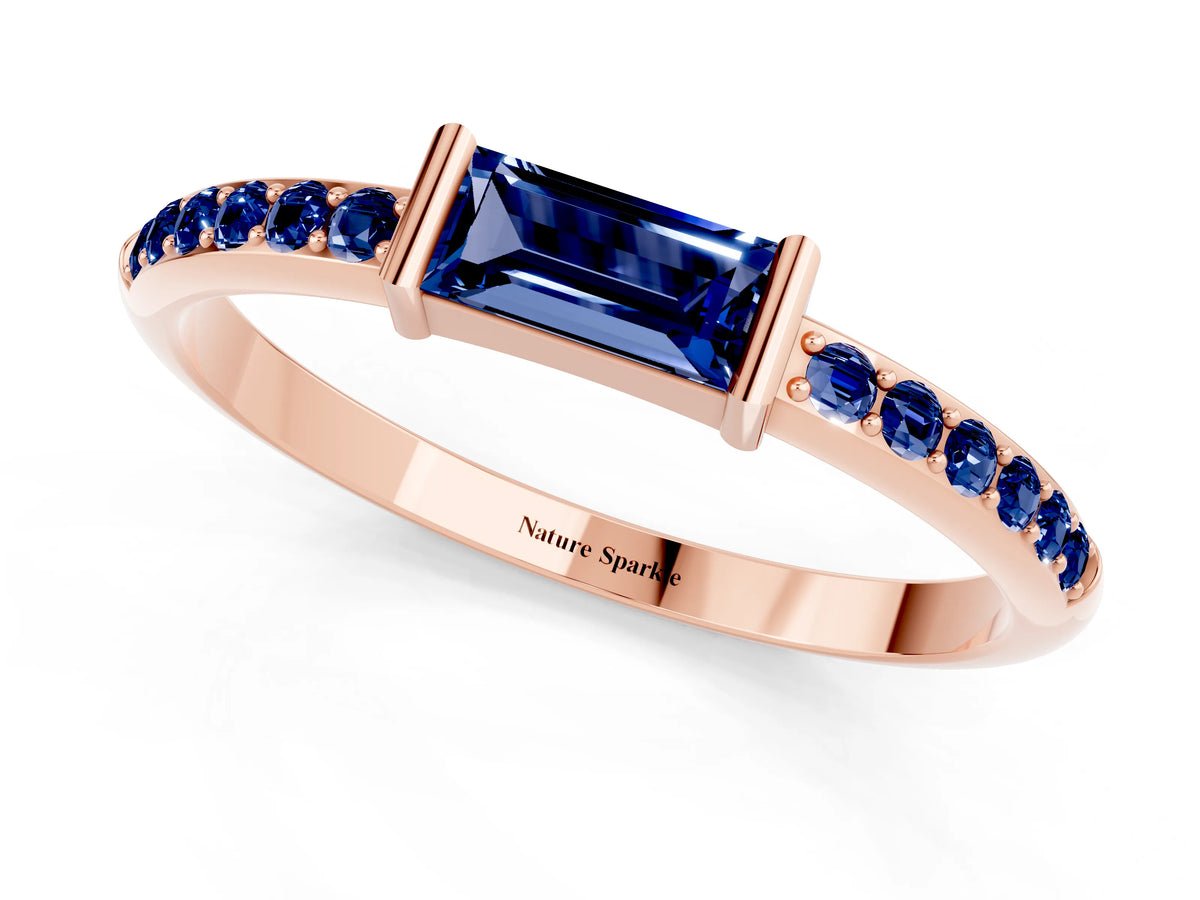 Baguette Blue Sapphire Pavé Band in Rose gold with Bar Setting_1