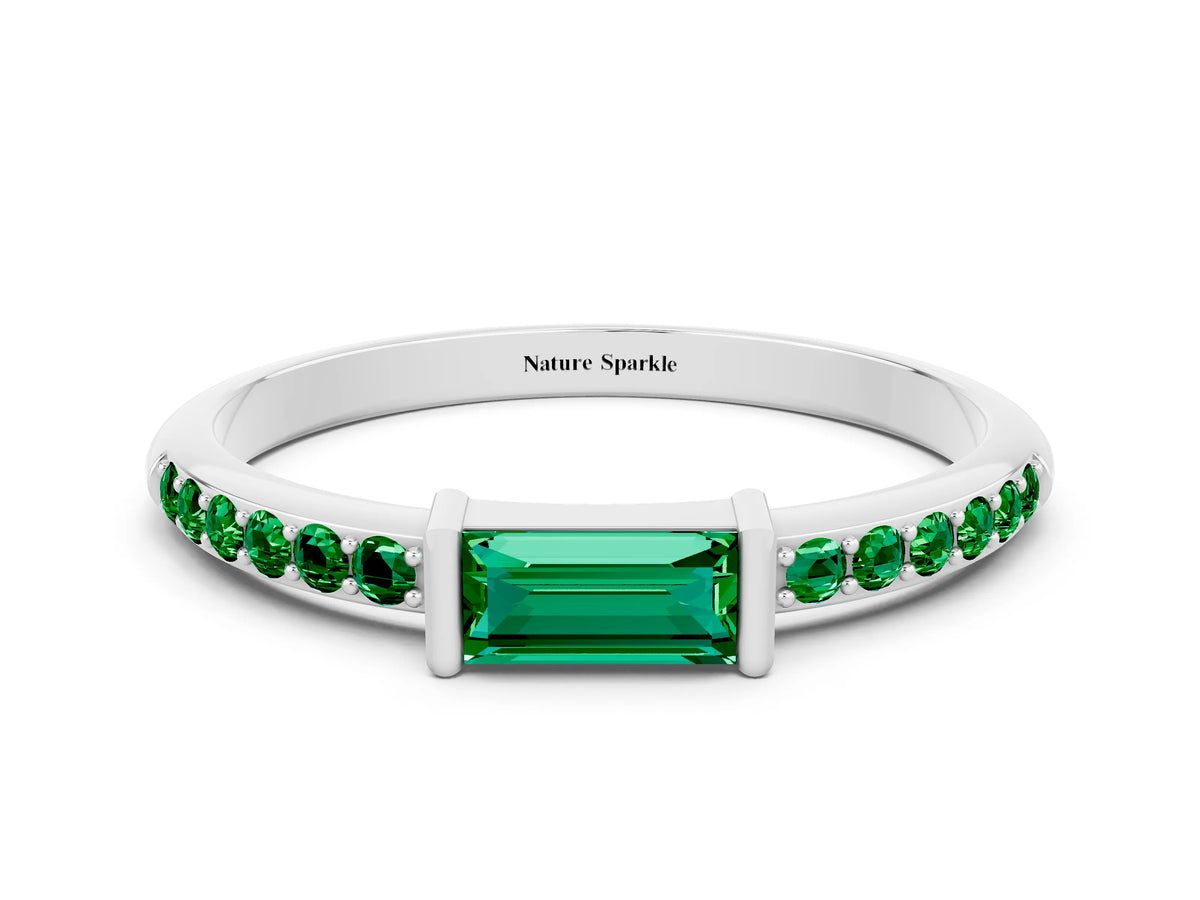 Baguette Emerald Pavé Band in Platinum with Bar Setting
