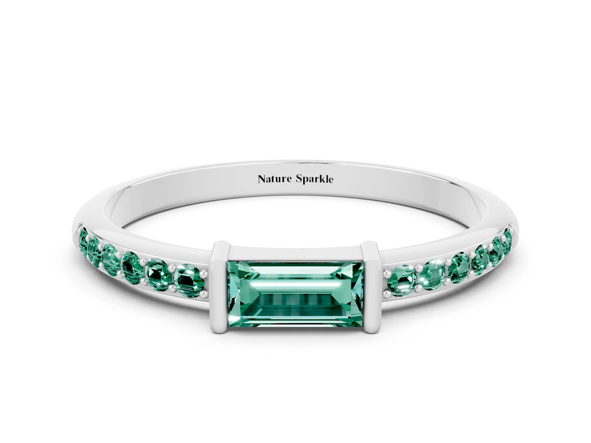 Baguette Green Sapphire Pavé Band in Platinum with Bar Setting