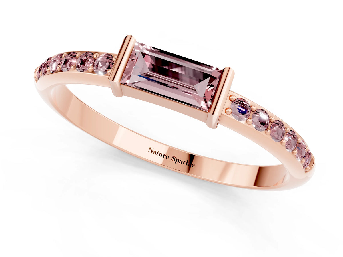 Baguette Morganite Pavé Band in Rose gold with Bar Setting_1